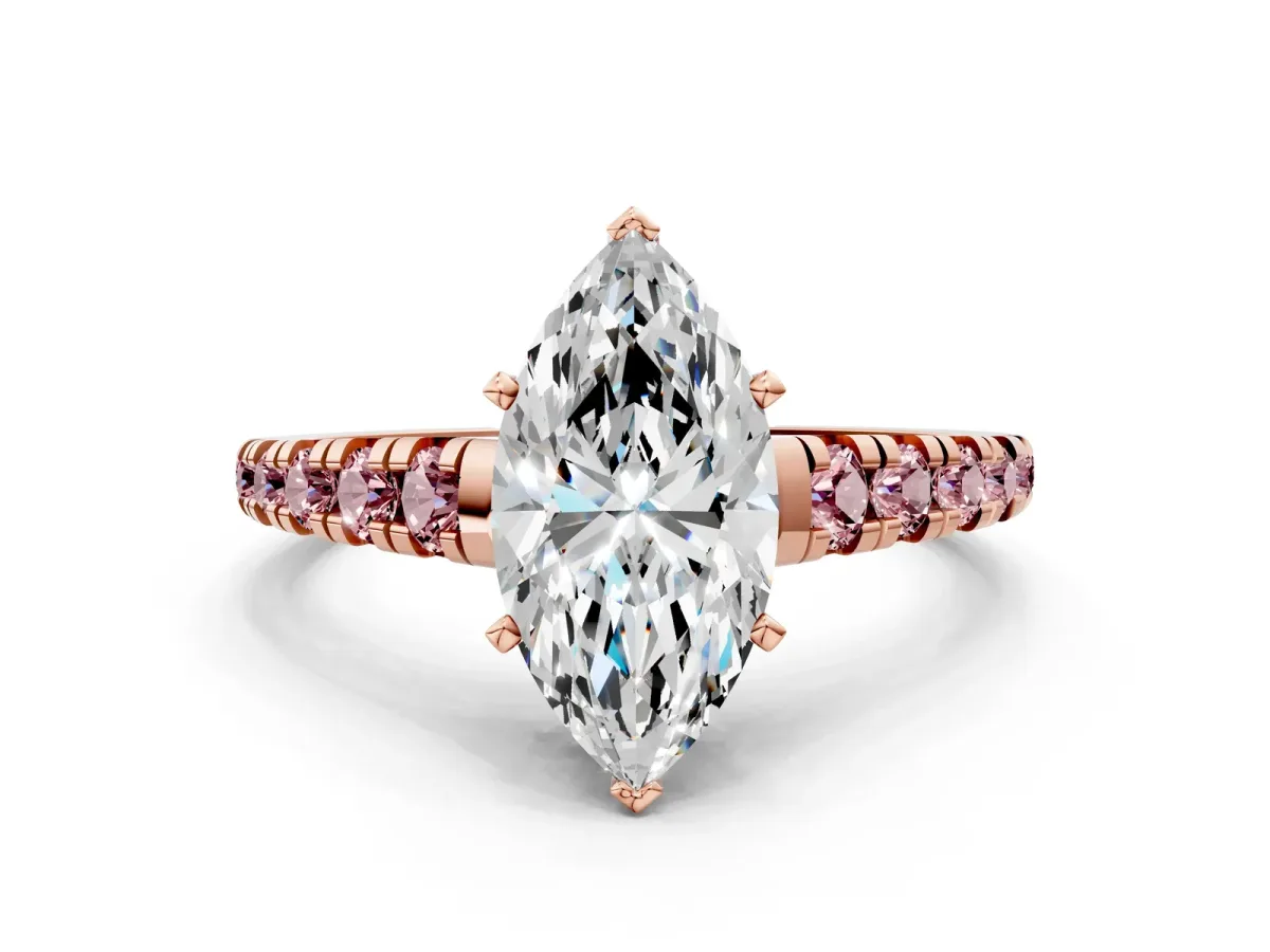 Marquise Cut Diamond Cathedral Solitaire Ring with Round Morganite Pavé Band Rose gold