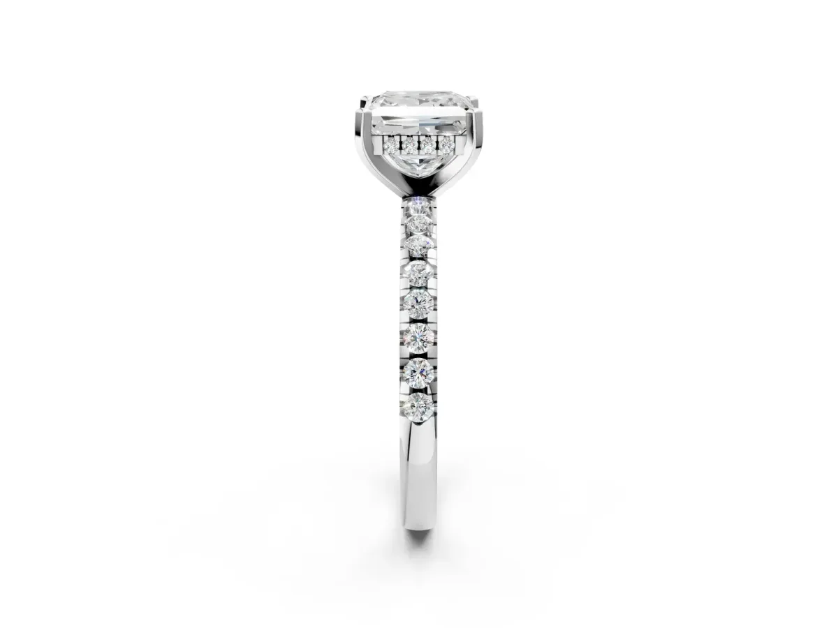 Princess Cut Diamond Solitaire Ring with Round Moissanite Pavé Band and Four-Prong Setting White gold