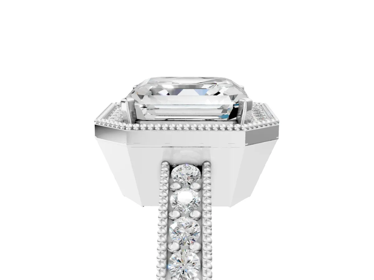 Asscher Cut Cut Halo Diamond Pave Band Ring with Four-Prong Setting Platinum