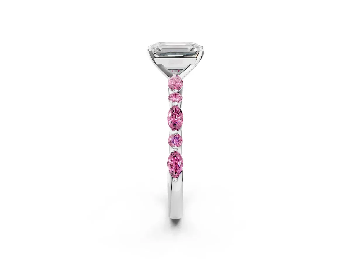 Emerald Cut Diamond Ring with Marquise and Round Pink Sapphire Side Stones and Four-Prong Setting White gold