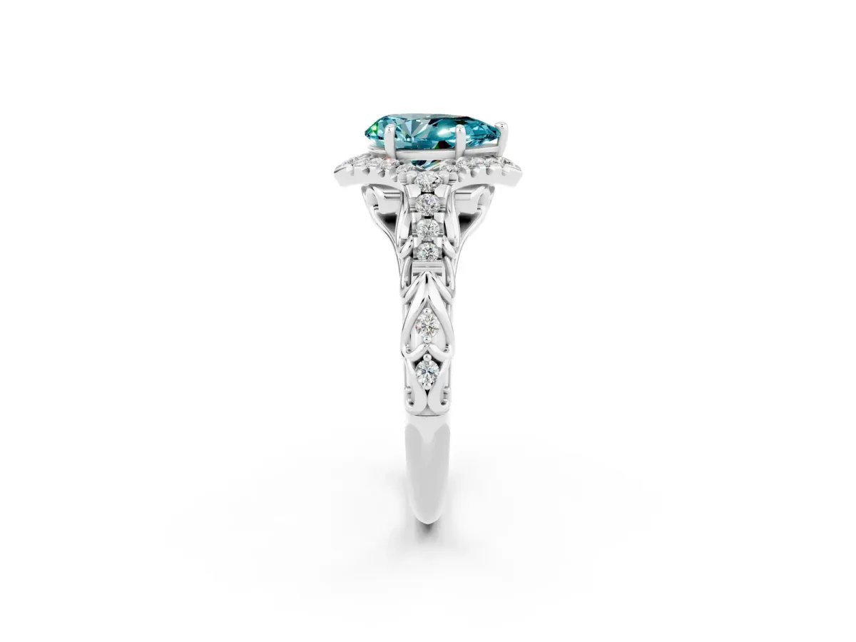 Pear Cut Blue Topaz Solitaire Ring with Hidden Halo and Pavé Band White gold