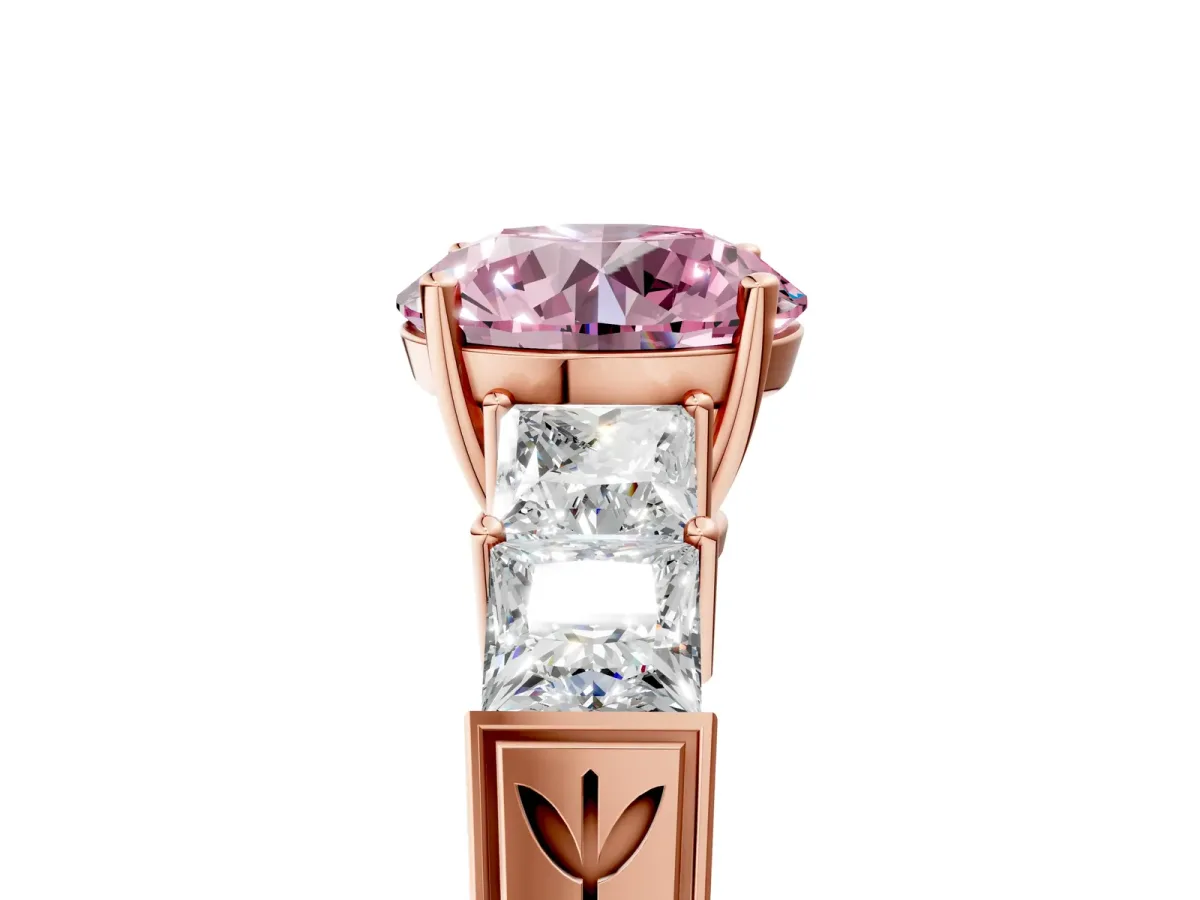 Fancy Pink Round Cut Solitaire Princess Side Stone Engraved Band Prong Setting Ring Rose gold