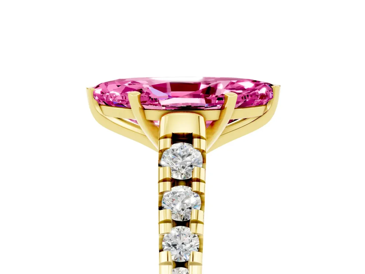 Marquise Cut Pink Sapphire Cathedral Solitaire Ring with Round Pavé Band Yellow gold