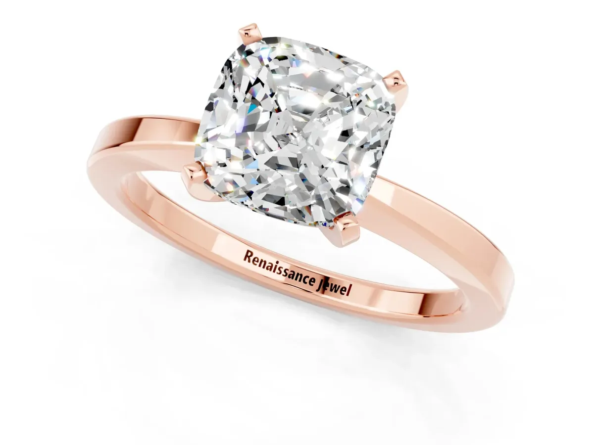 Cushion Cut Moissanite Solitaire Engagement Ring with Classic Band and Four-Prong Setting Rose gold
