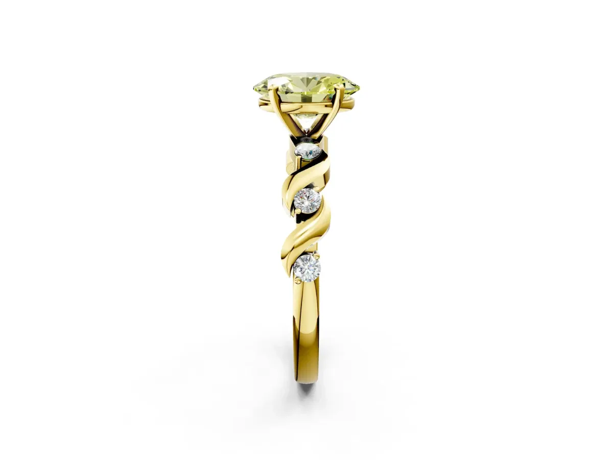 Fancy Yellow Oval Cut Diamond Solitaire Twisted Band with Round Accents and Prong Setting Yellow gold
