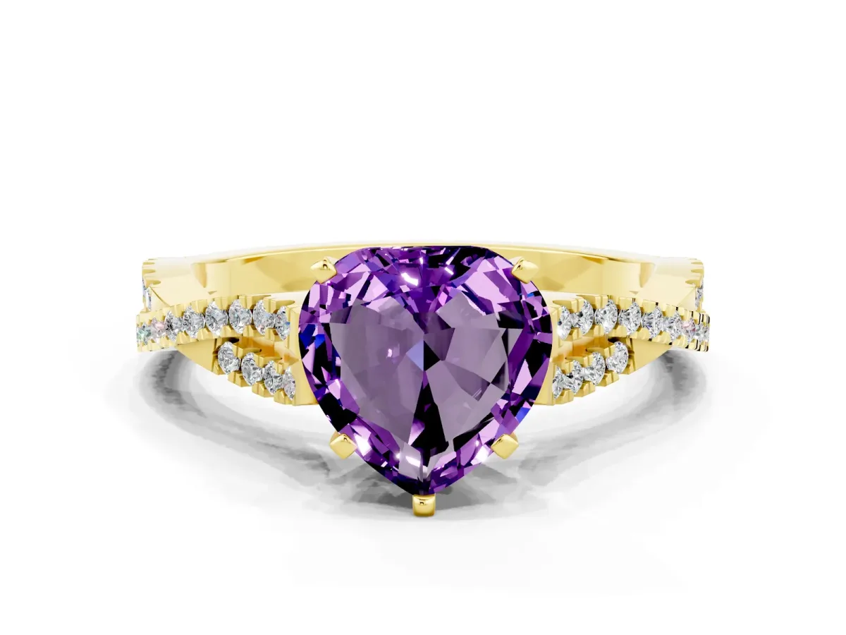 Heart Cut Amethyst Solitaire Engagement Ring with Twisted Pavé Band and Four-Prong Setting Yellow gold