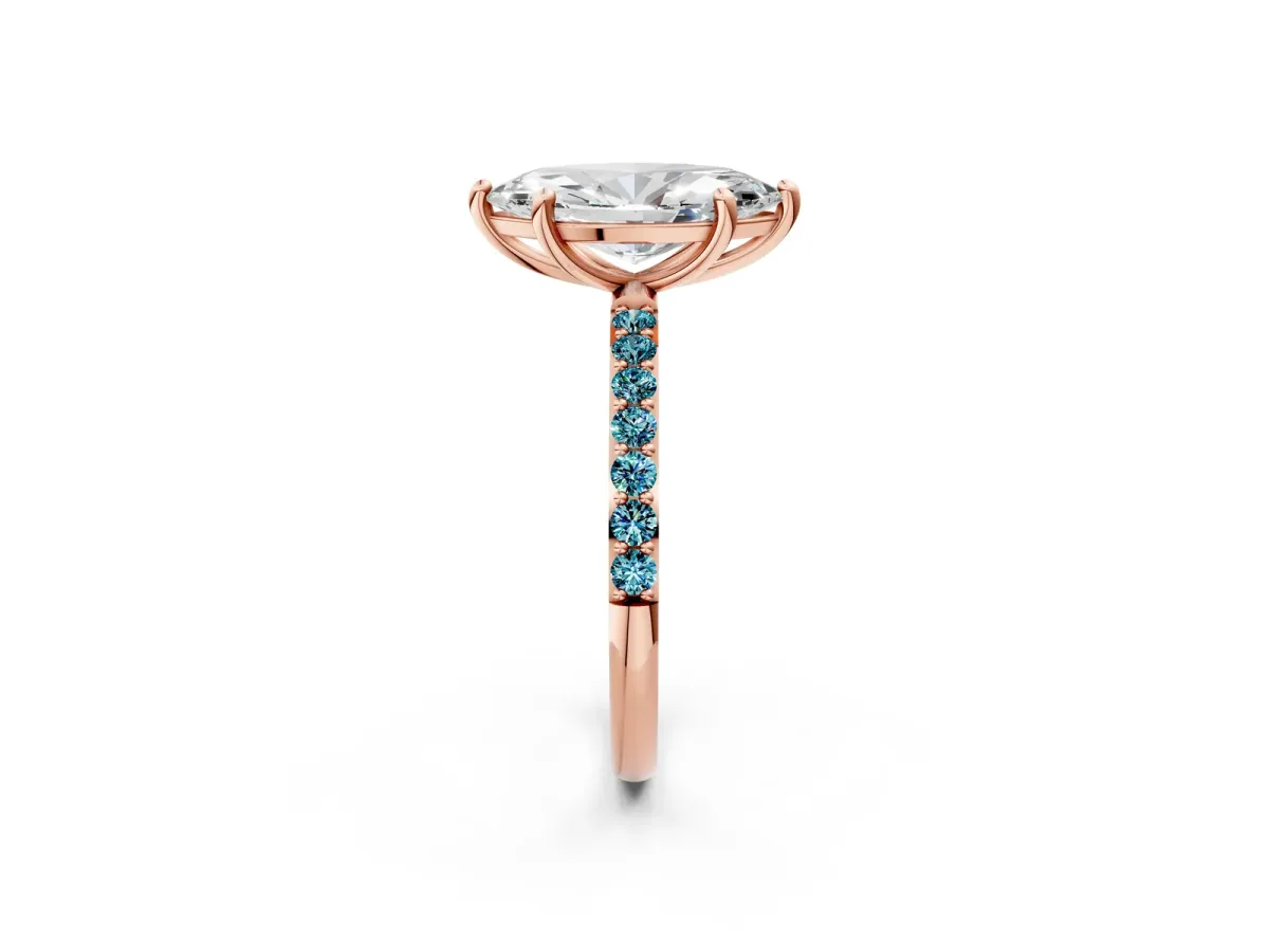 Marquise Cut Diamond Solitaire Ring with Round Blue Topaz Pavé Band and Prong Setting Rose gold