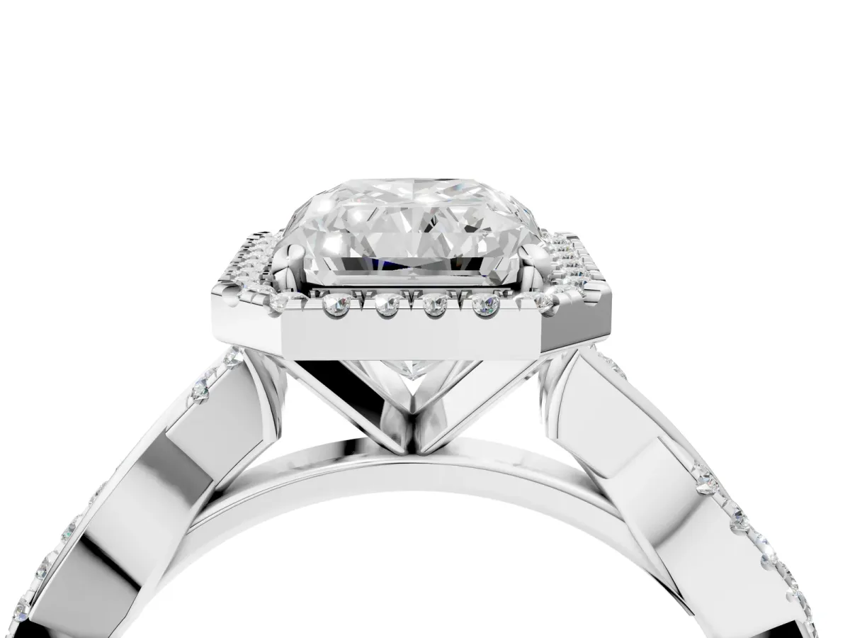 Radiant Cut Cut Halo Twisted Band Four-Prong Ring Platinum