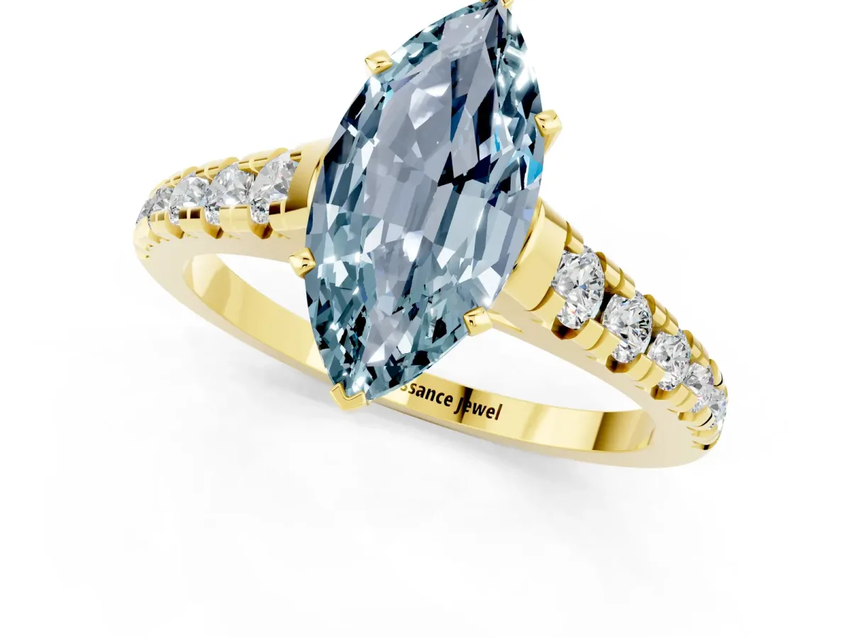 Marquise Cut Aquamarine Cathedral Solitaire Ring with Round Pavé Band Yellow gold