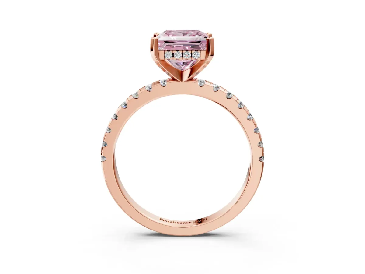 Fancy Pink Princess Cut Diamond Solitaire Ring with Round Pavé Band and Four-Prong Setting Rose gold