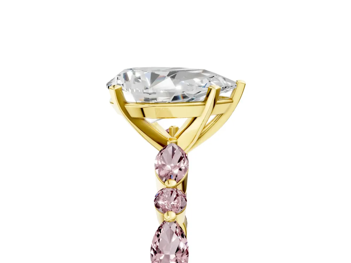 Pear Cut Diamond Ring with Marquise and Round Morganite Side Stones and Four-Prong Setting Yellow gold