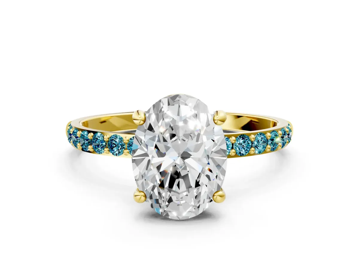 Oval Cut Diamond Solitaire Ring with Round Blue Topaz Pavé Band and Prong Setting Yellow gold