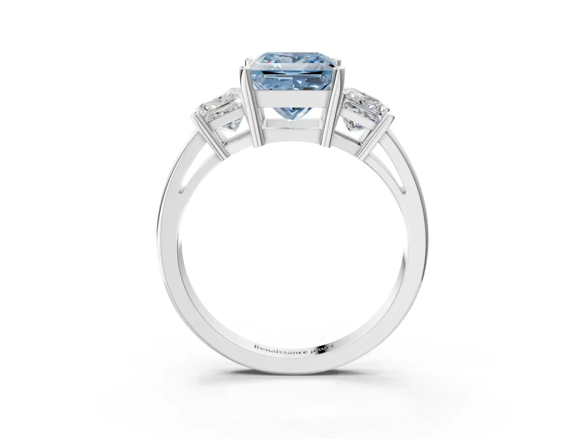 Fancy Blue Three-Stone Princess Cut Cut Solitaire Ring with Prong Setting Platinum