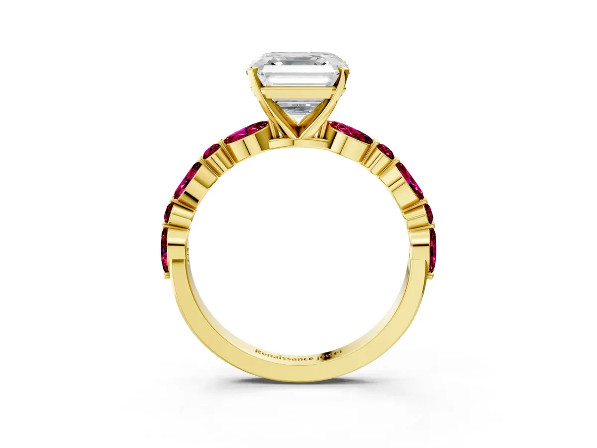 Asscher Cut Diamond Ring with Marquise and Round Garnet Side Stones and Four-Prong Setting Yellow gold