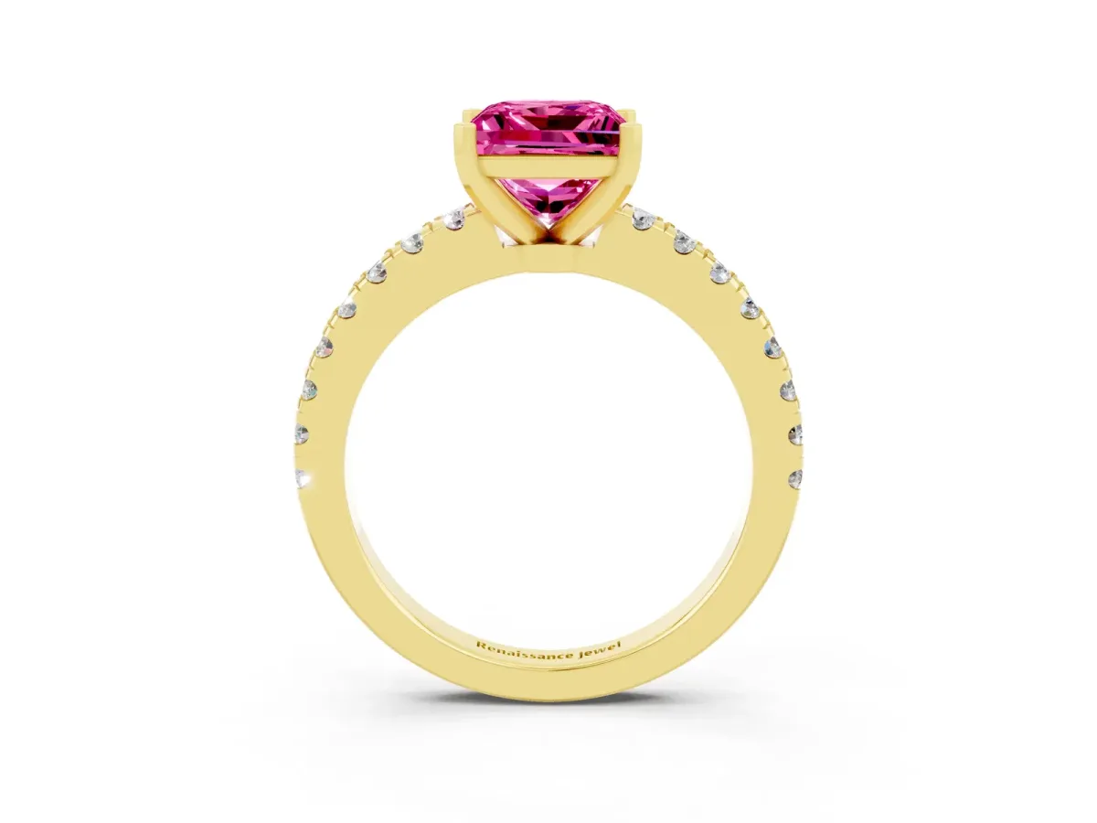 Princess Cut Solitaire Pink Sapphire with Pavé Band and Four-Prong Setting Yellow gold
