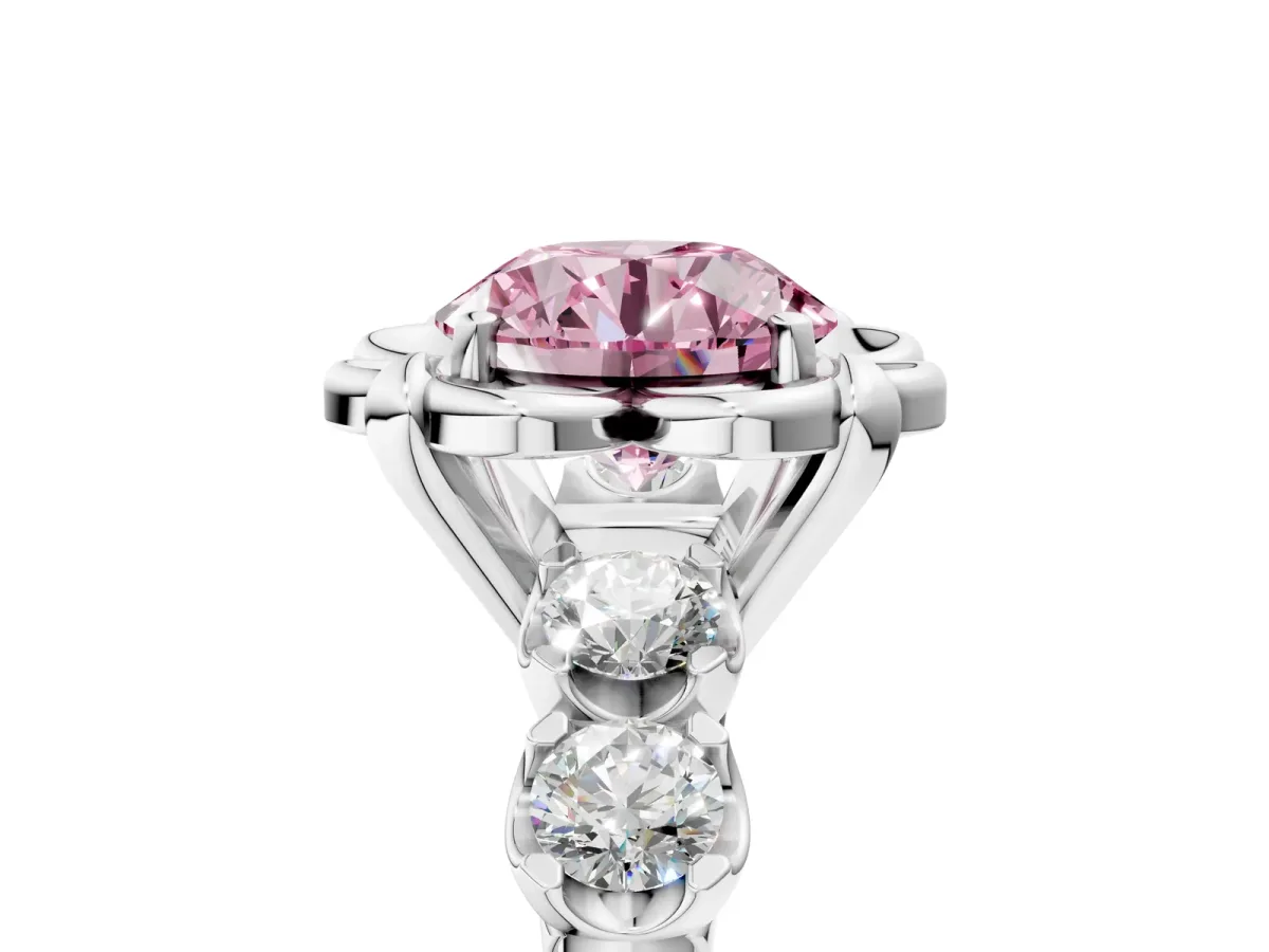 Fancy Pink Round Cut Cut Diamond Floral Halo Engagement Ring with Shared Prong Setting Silver