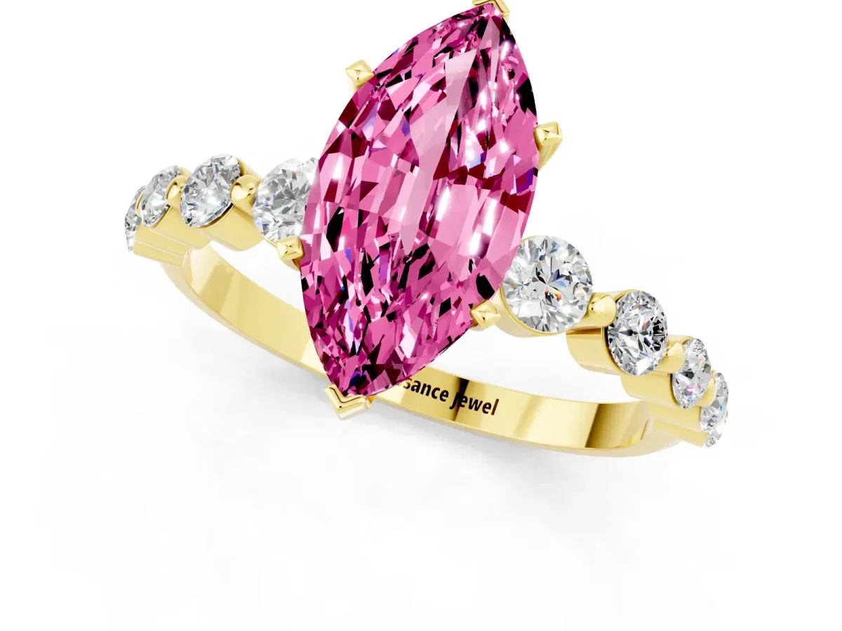 Marquise Cut Solitaire Pink Sapphire Ring with Pave Band and Four-Prong Setting Yellow gold