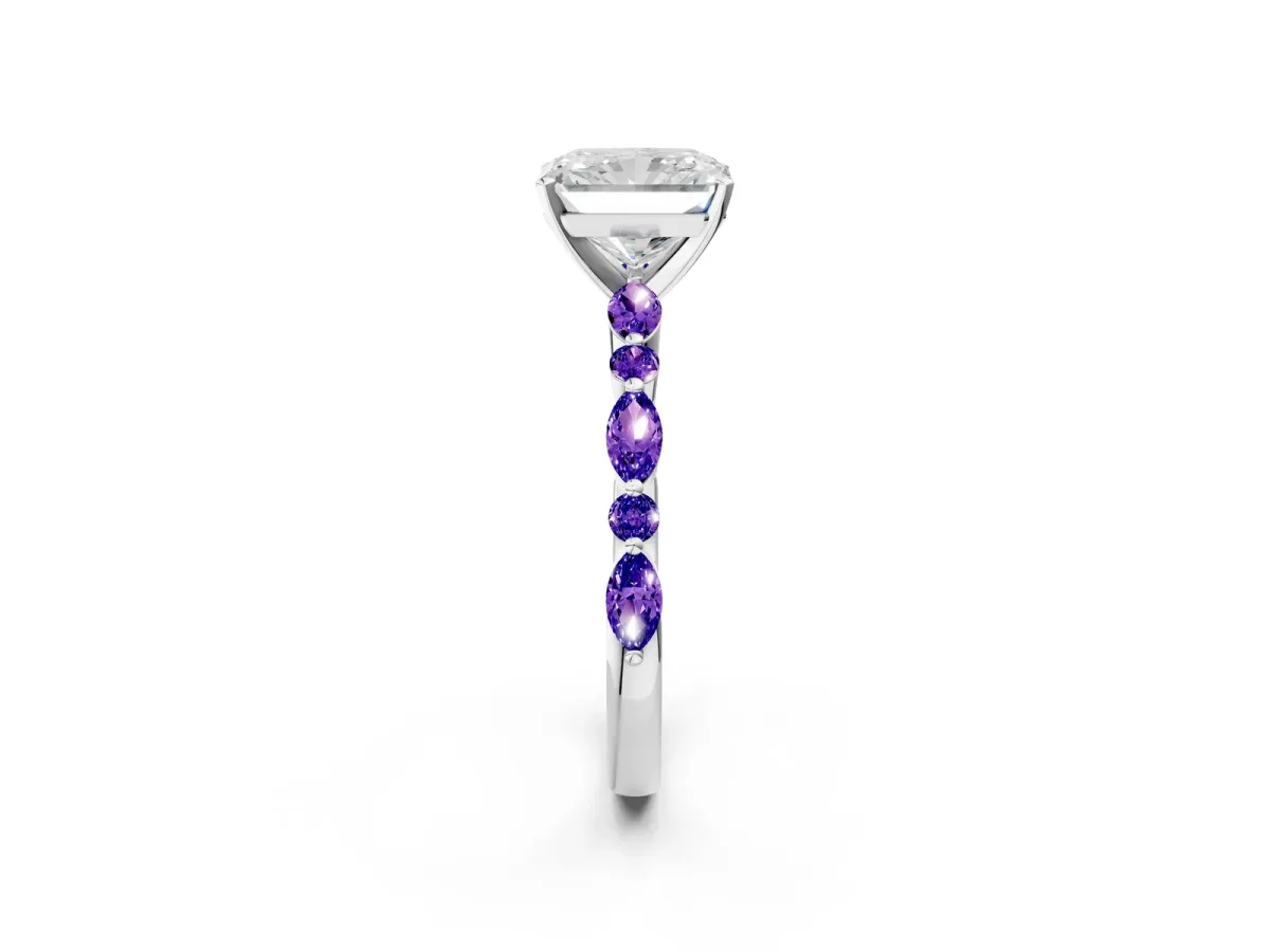 Radiant Cut Diamond Ring with Marquise and Round Tanzanite Side Stones and Four-Prong Setting White gold