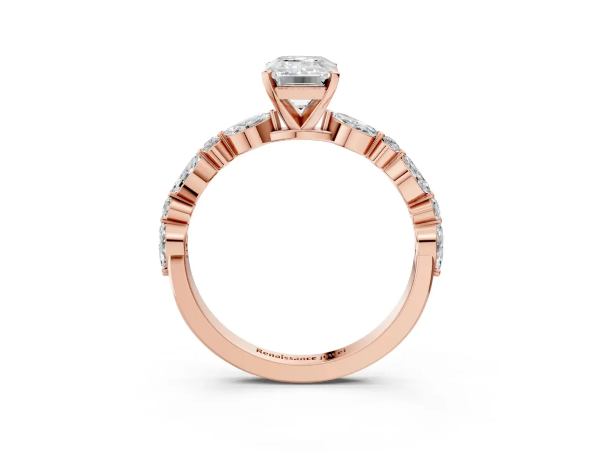 Emerald Cut Diamond Ring with Marquise and Round Moissanite Side Stones and Four-Prong Setting Rose gold