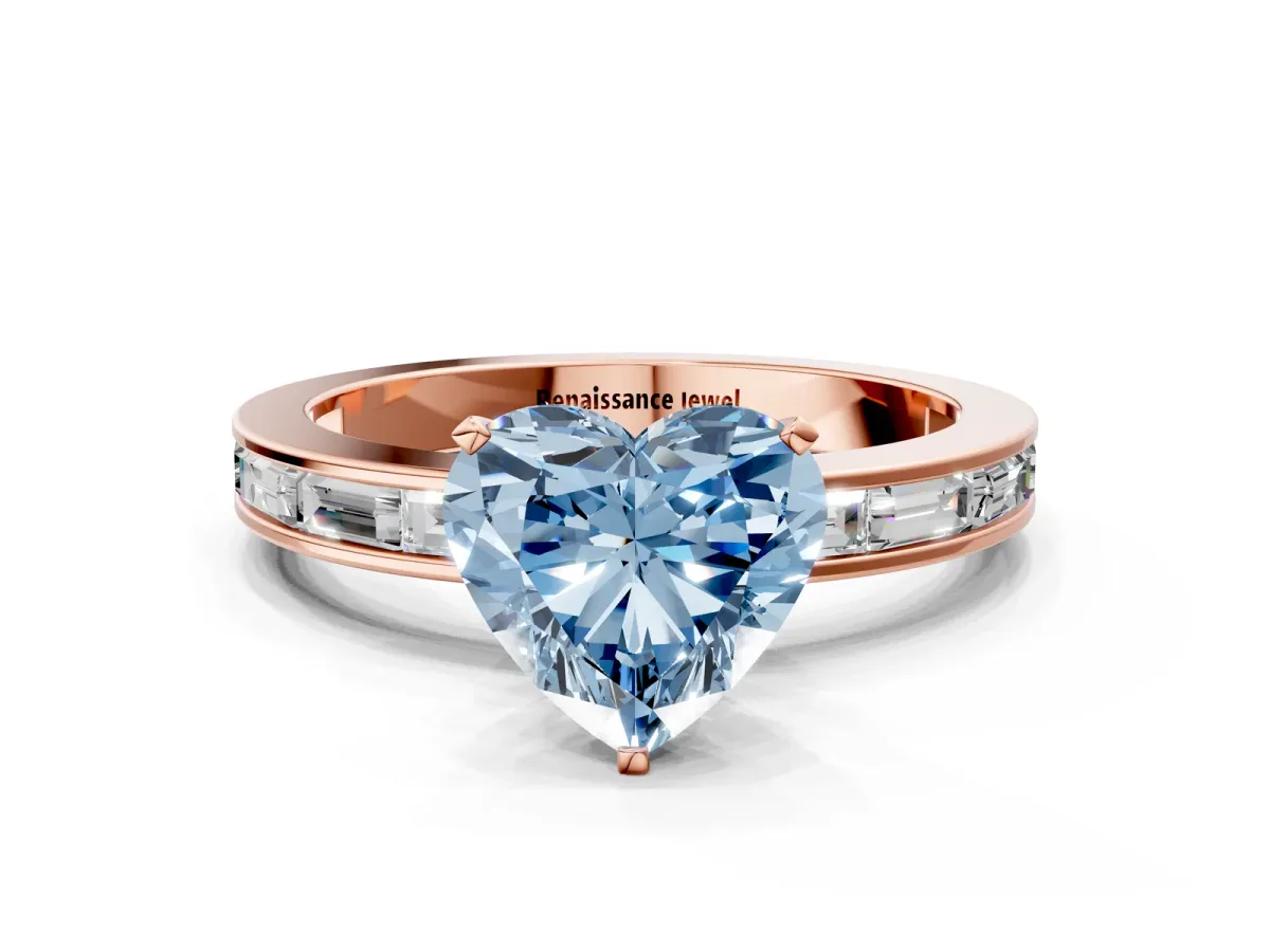 Fancy Blue Heart Cut Solitaire Diamond Ring with Channel-Set Baguette Band and Four-Prong Setting Rose gold