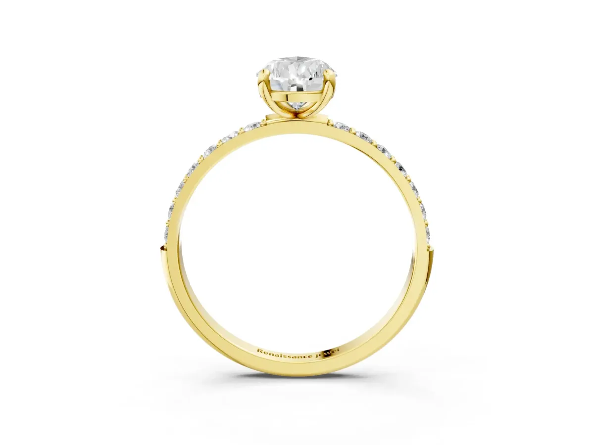 Pear Cut Diamond Solitaire Ring with Round Moissanite Pavé Band and Prong Setting Yellow gold