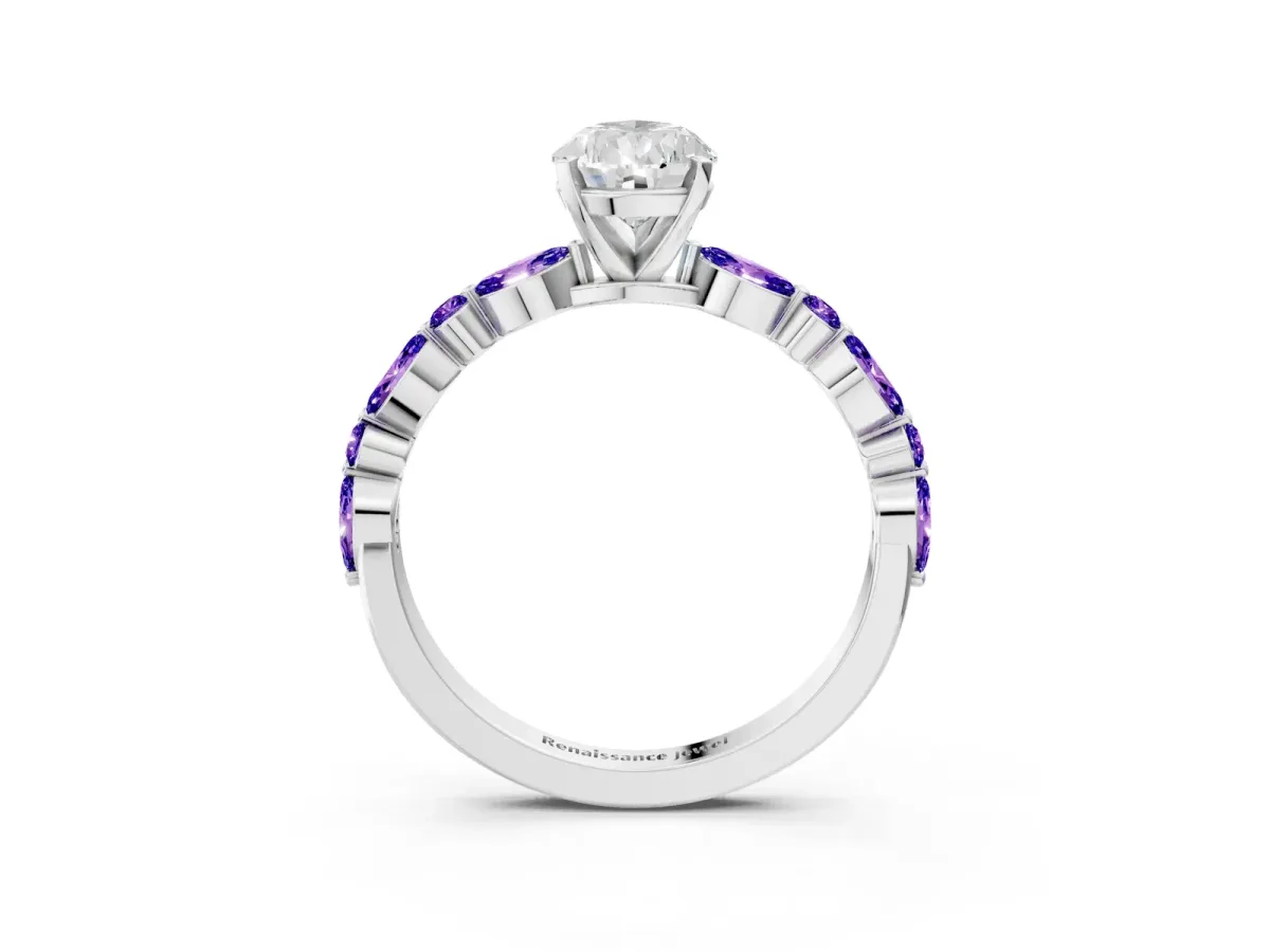 Pear Cut Diamond Ring with Marquise and Round Tanzanite Side Stones and Four-Prong Setting White gold