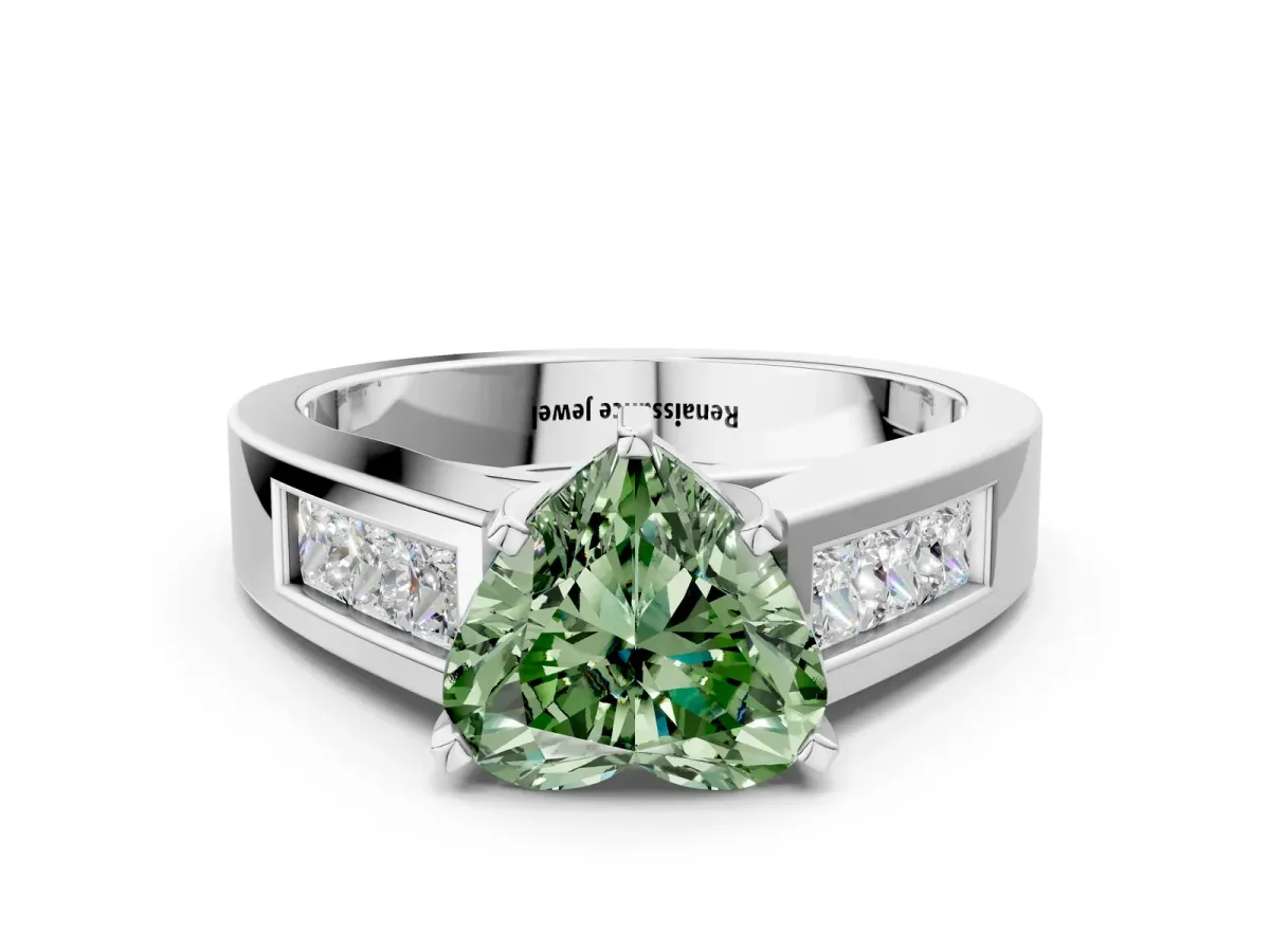 Fancy Green Heart Cut Cut Channel Set Solitaire Ring with Four-Prong Setting Silver