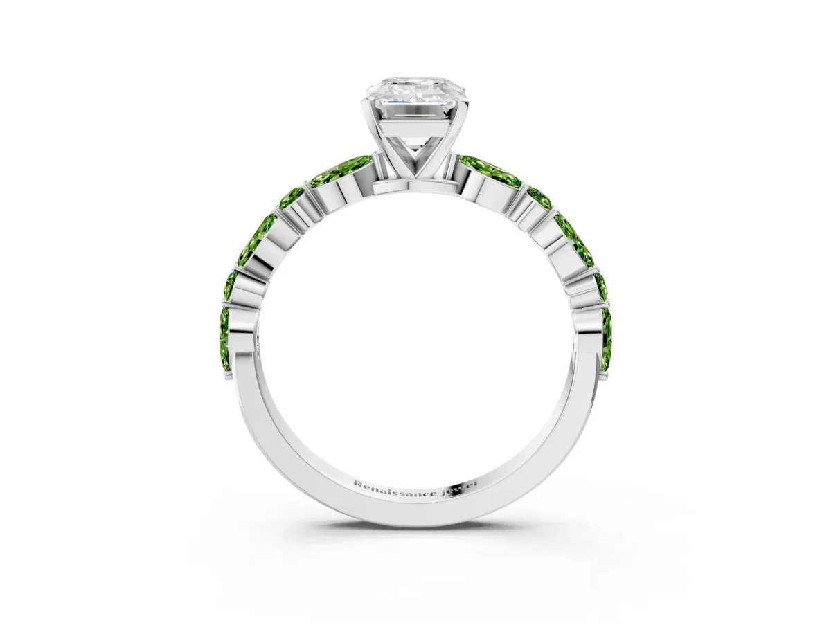 Emerald Cut Diamond Ring with Marquise and Round Peridot Side Stones and Four-Prong Setting White gold