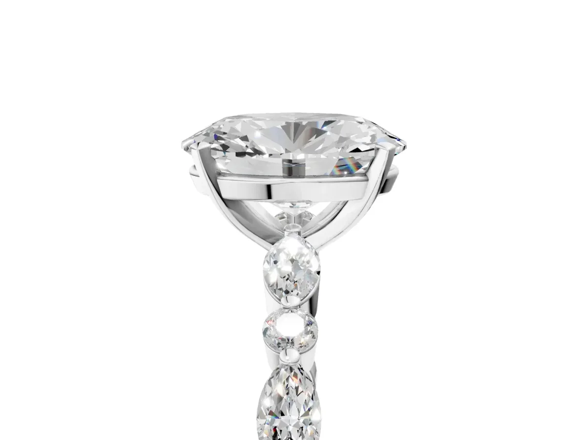 Oval Cut Diamond Ring with Marquise and Round Moissanite Side Stones and Four-Prong Setting White gold