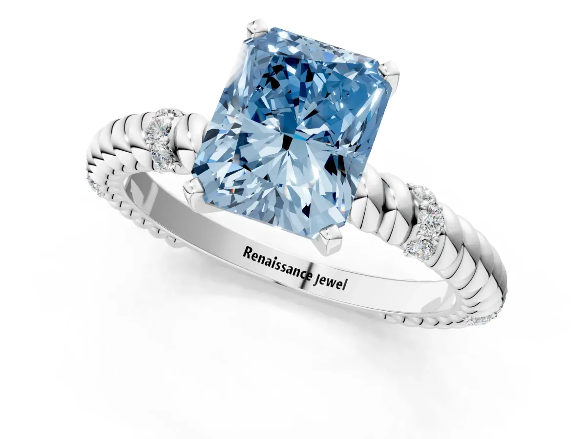 Fancy Blue Radiant Cut Solitaire Twisted Band Prong Set Engagement Ring Silver