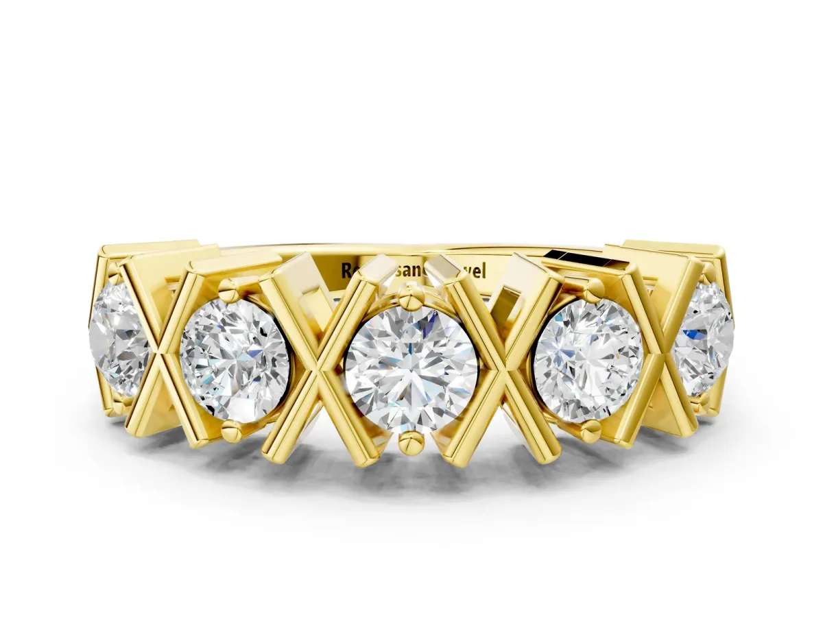 Round Diamond Channel Set Band with X-Prong Detail Yellow gold