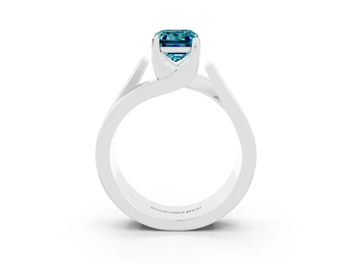 Modern Tension Set Emerald Cut Blue Topaz Solitaire Wide Band Ring Platinum