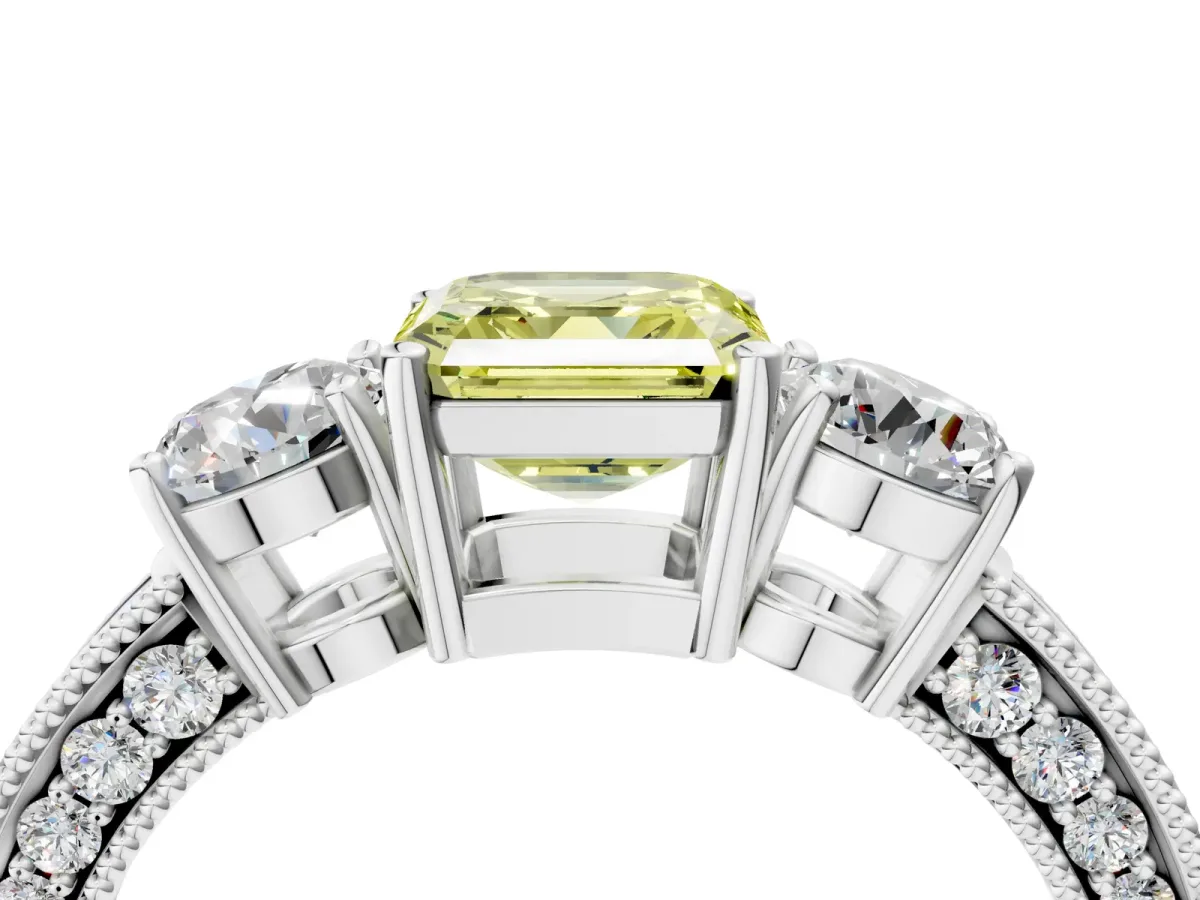 Fancy Yellow Asscher Cut Three-Stone Diamond Ring with Pavé Band and Four-Prong Setting Platinum