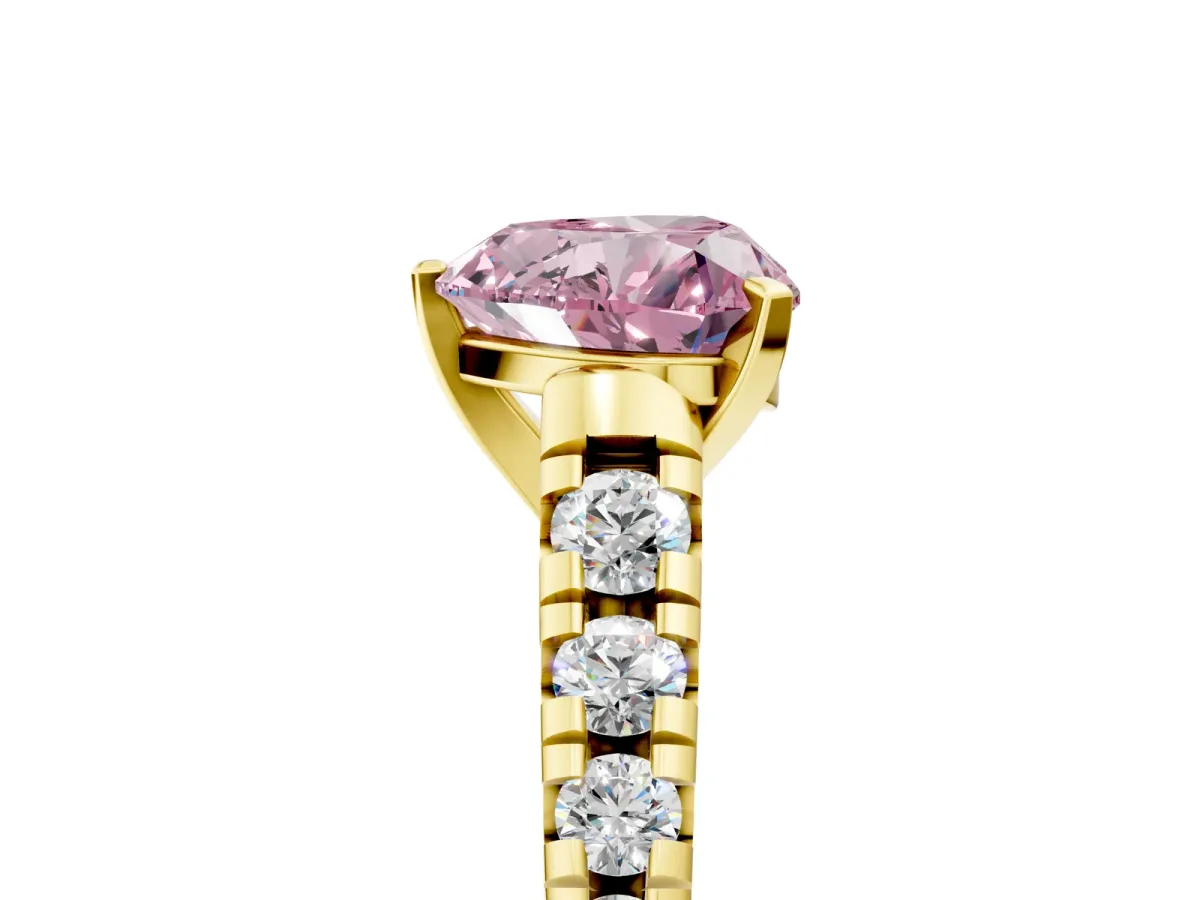 Fancy Pink Heart Cut Diamond Cathedral Solitaire Ring with Round Pavé Band Yellow gold