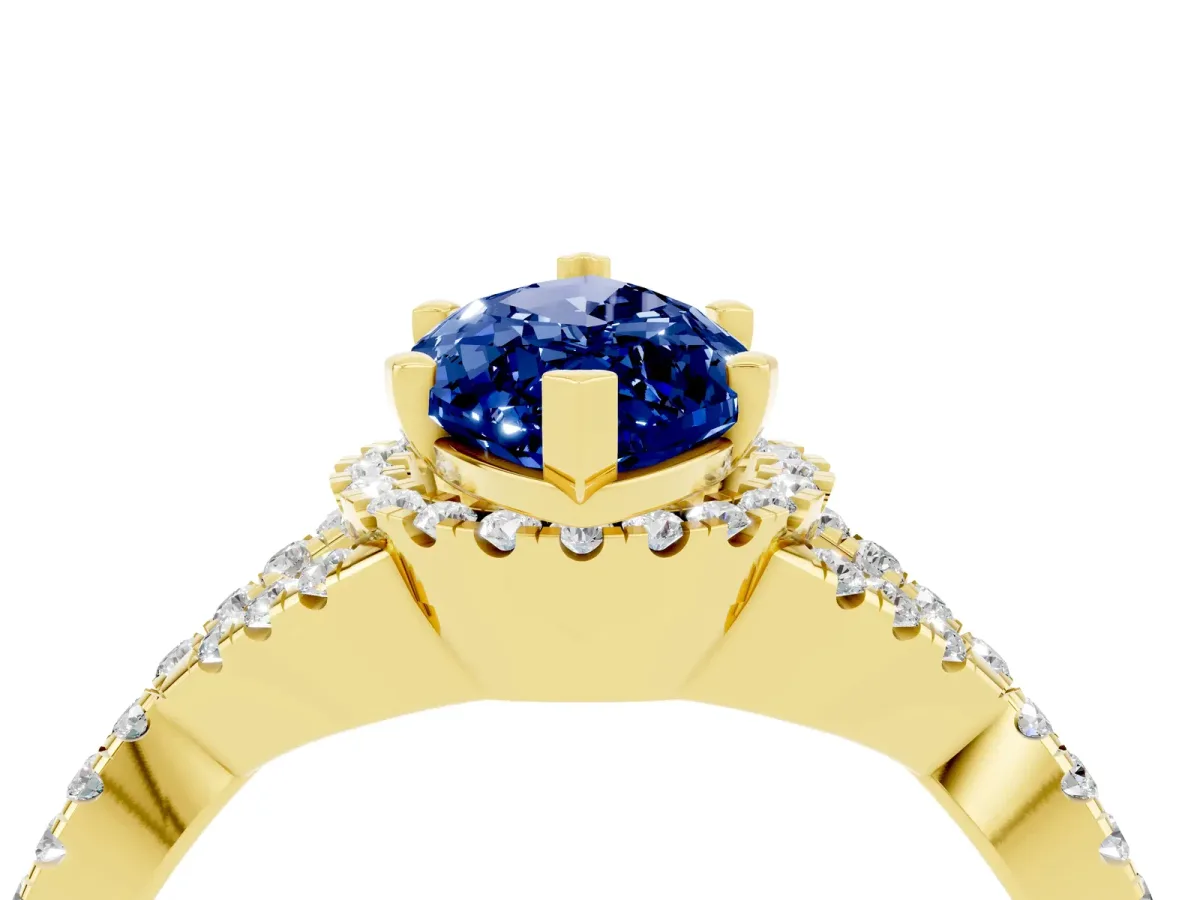 Marquise Cut Blue Sapphire Halo Twist Band Solitaire Prong Setting Ring Yellow gold