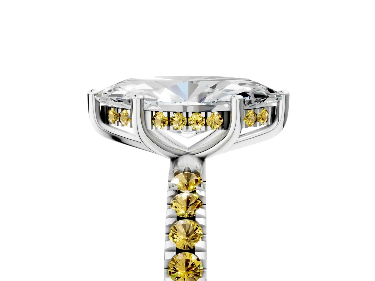 Marquise Cut Diamond Pave Band Solitaire Ring with Round Yellow Sapphire and Prong Setting White gold