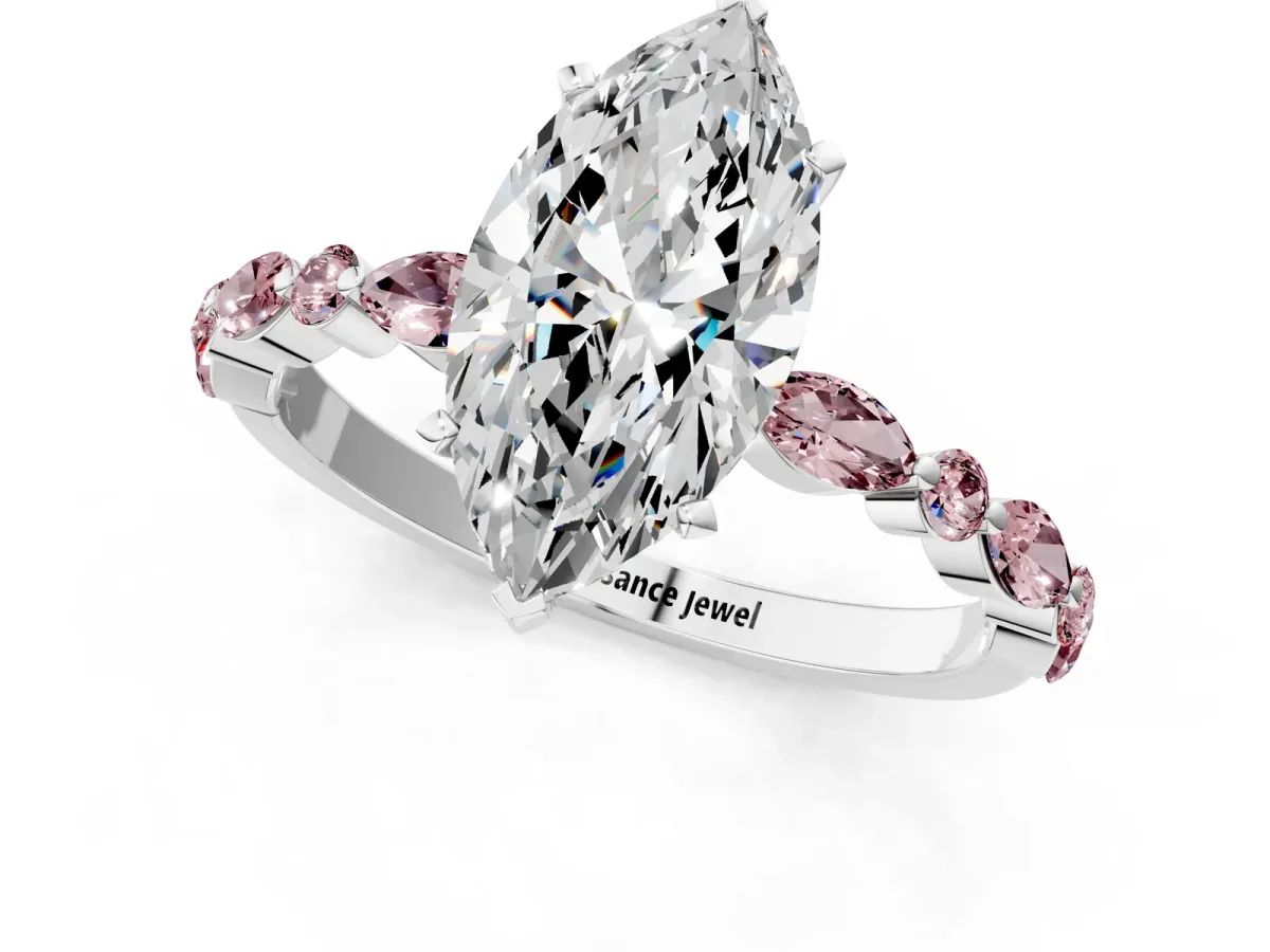 Marquise Cut Diamond Ring with Marquise and Round Morganite Side Stones and Four-Prong Setting White gold