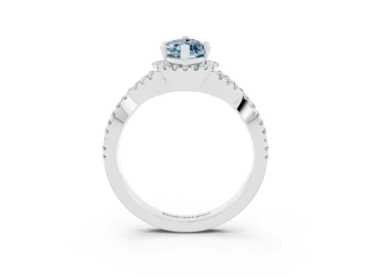 Marquise Cut Aquamarine Halo Twist Band Solitaire Prong Setting Ring White gold