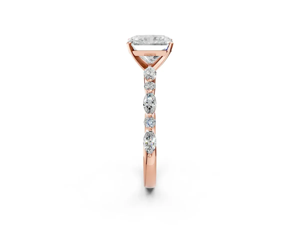 Radiant Cut Diamond Ring with Marquise and Round Side Stones and Four-Prong Setting Rose gold