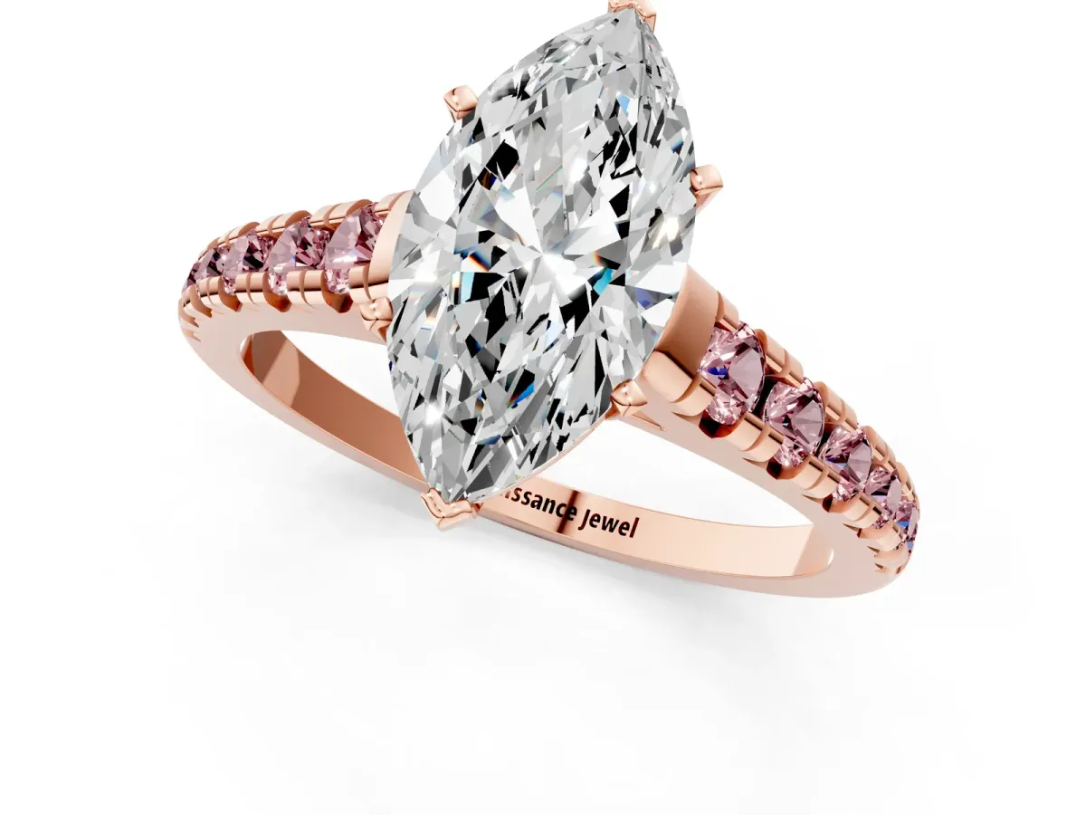 Marquise Cut Diamond Cathedral Solitaire Ring with Round Morganite Pavé Band Rose gold