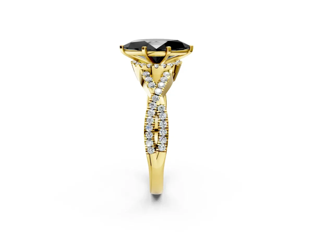 Fancy Black Marquise Cut Diamond Halo Twist Band Solitaire Prong Setting Ring Yellow gold