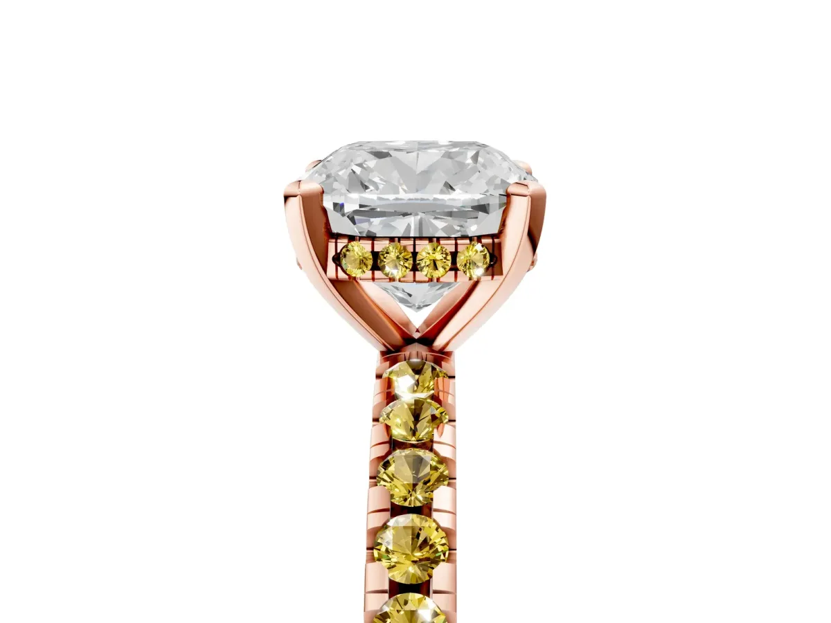 Cushion Cut Diamond Solitaire Ring with Round Yellow Sapphire Pavé Band and Four-Prong Setting Rose gold