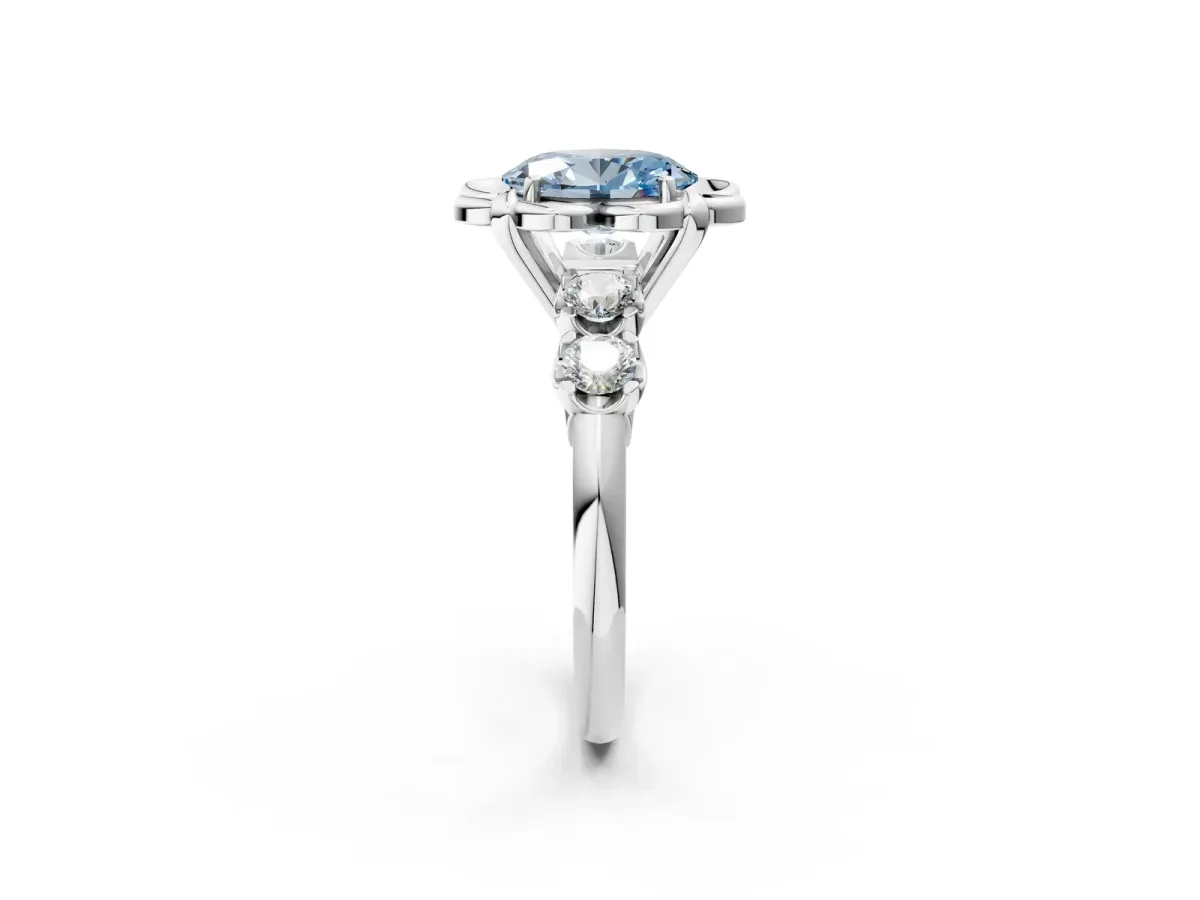 Fancy Blue Oval Cut Cut Diamond Floral Halo Engagement Ring with Shared Prong Setting Silver