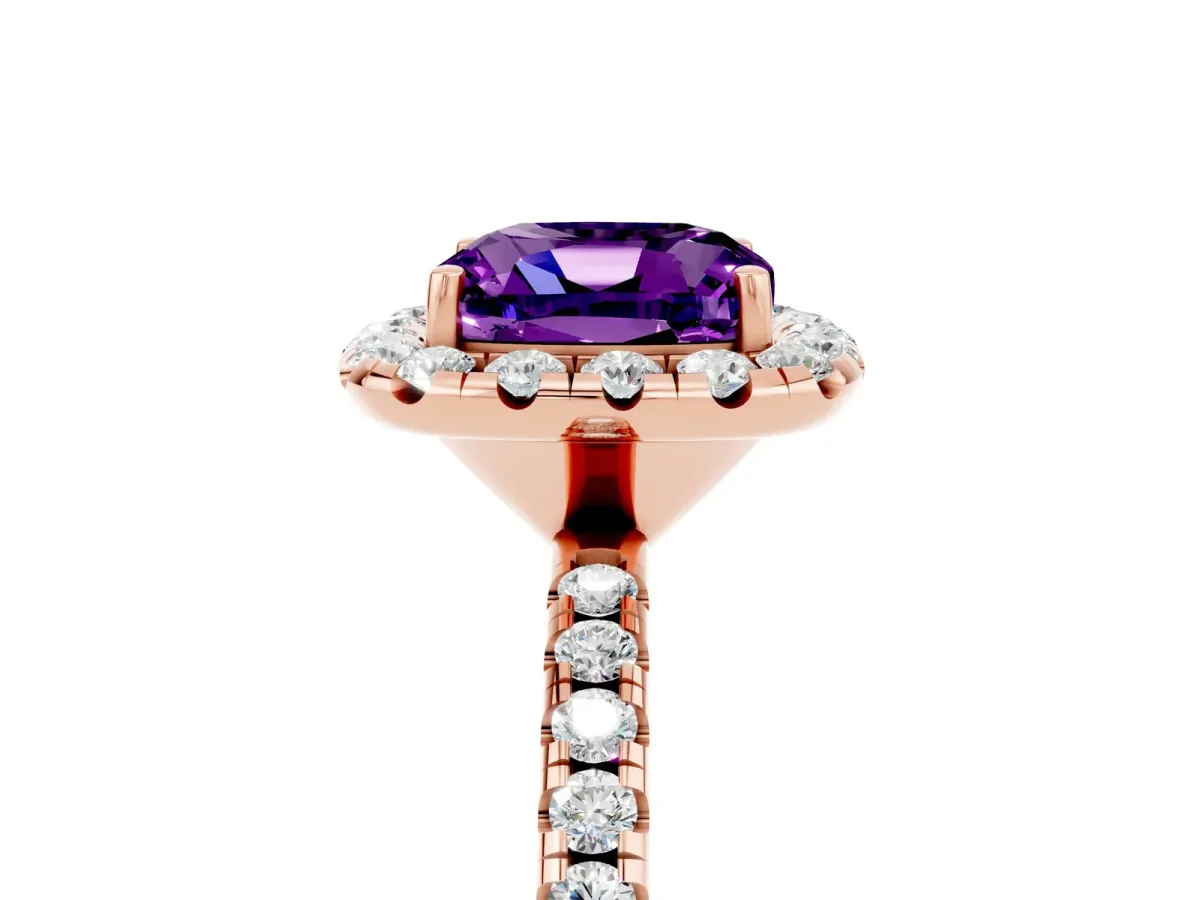 Cushion Cut Amethyst Halo Ring with Round Pavé Band and Prong Setting Rose gold
