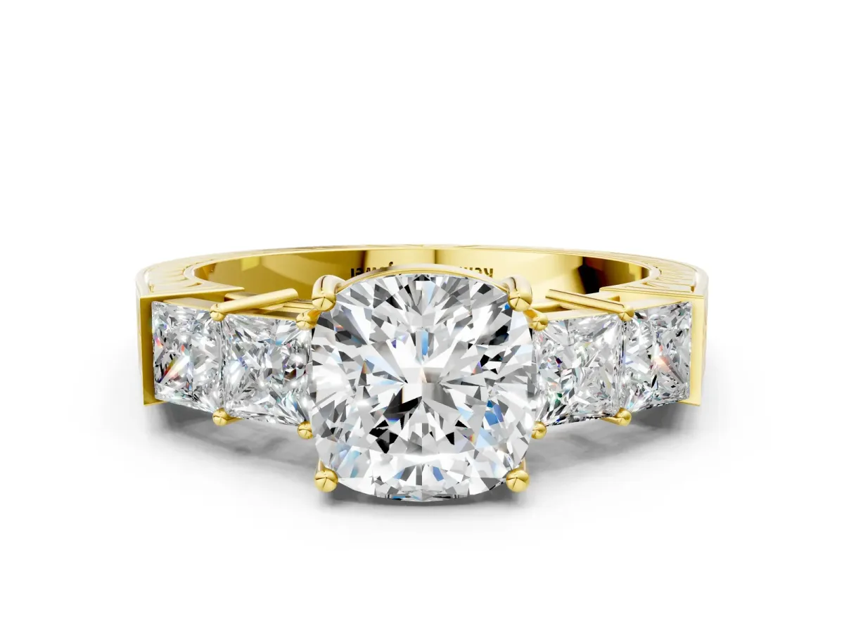 Cushion Cut Solitaire Princess Side Stone Engraved Band Prong Setting Ring Yellow gold