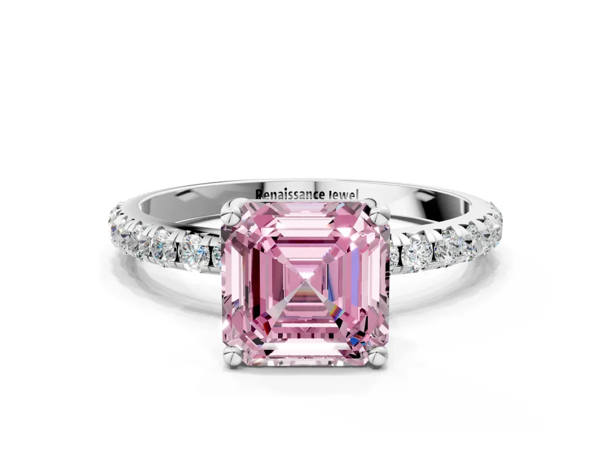 Fancy Pink Asscher Cut Cut Diamond Solitaire Ring with Micro Pave Band and Four Prong Setting Platinum