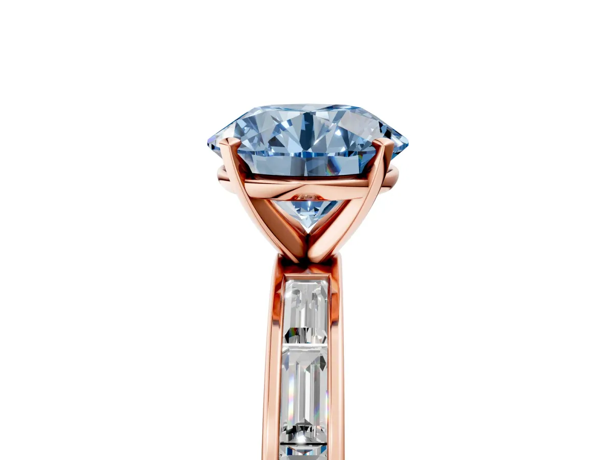Fancy Blue Round Cut Solitaire Diamond Ring with Channel-Set Baguette Band and Four-Prong Setting Rose gold