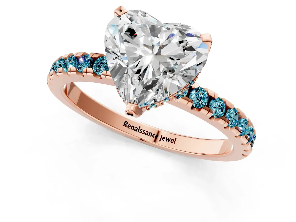 Heart Cut Diamond Solitaire Ring with Round Blue Topaz Pavé Band and Four-Prong Setting Rose gold