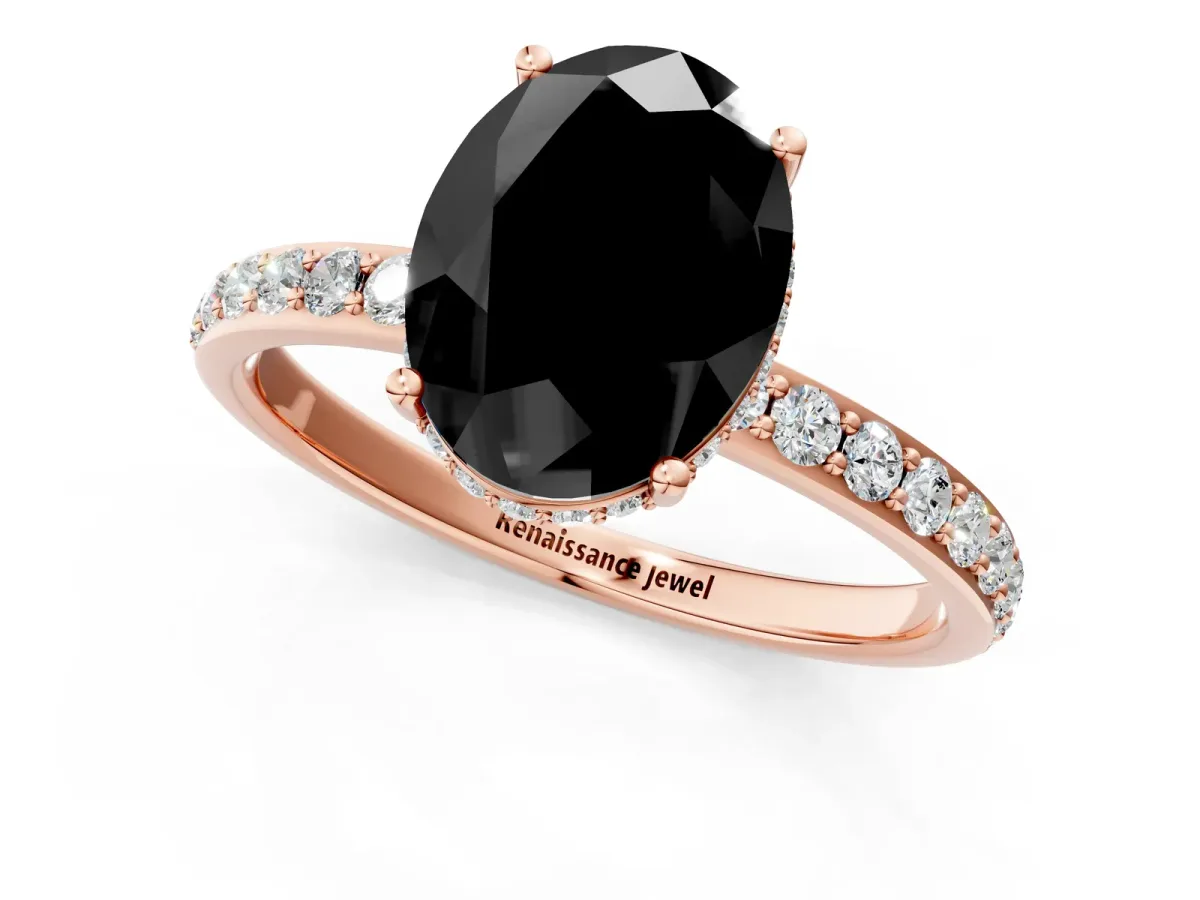 Fancy Black Oval Cut Diamond Solitaire Ring with Pavé Band and Hidden Halo Rose gold