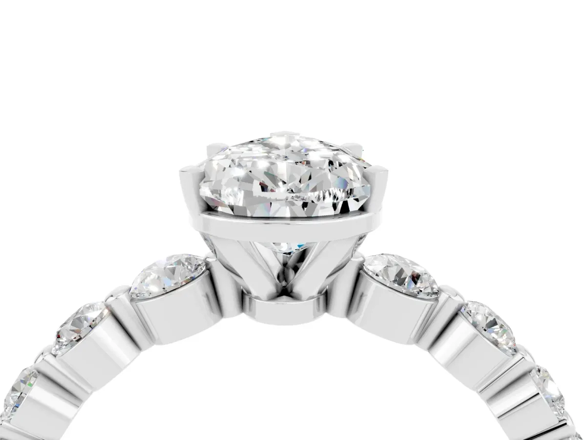 Pear Cut Solitaire Moissanite Ring with Pave Band and Four-Prong Setting Silver